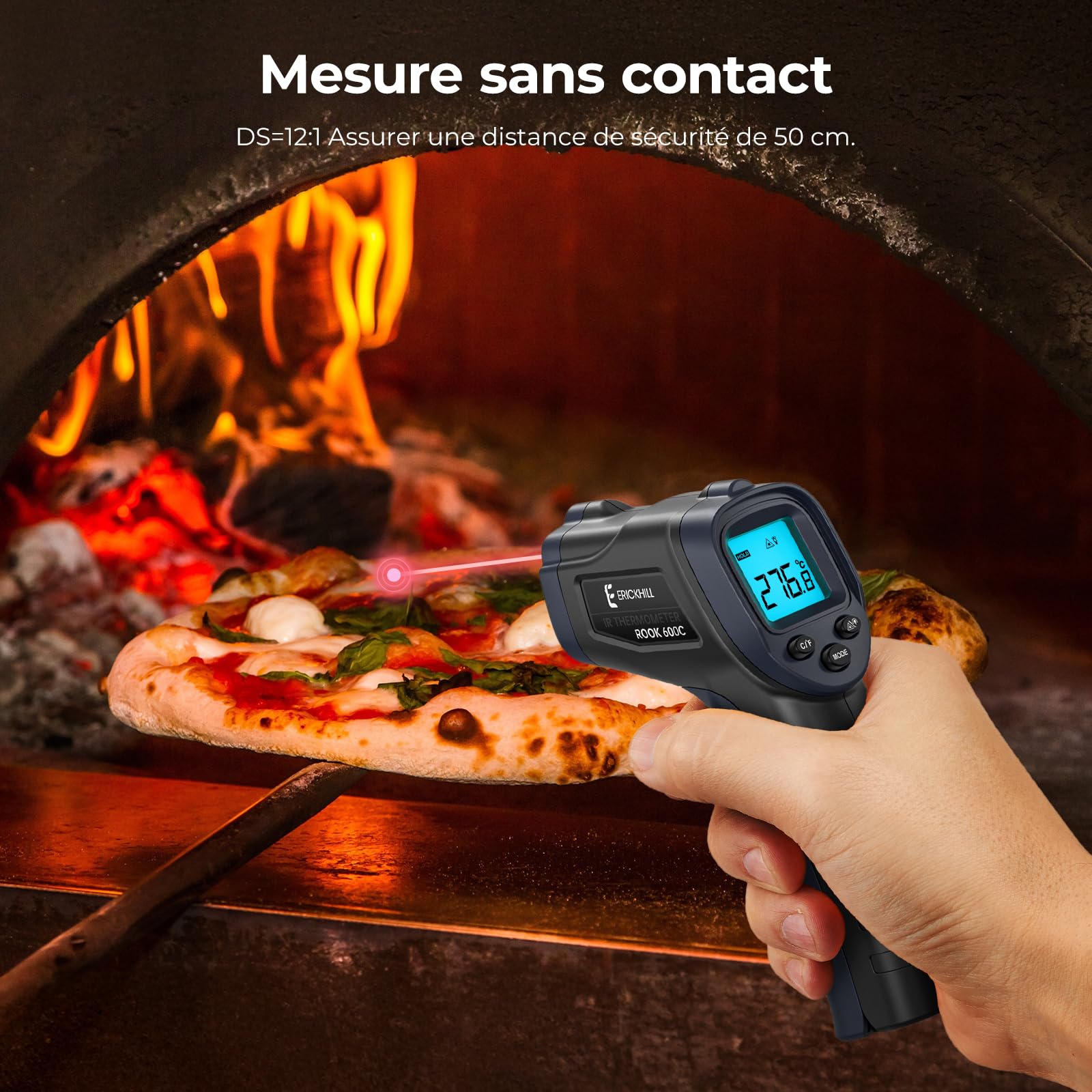 ERICKHILL Thermomètre infrarouge -50 ℃ ~ 600 ℃ Taille compacte Thermomètre laser sans contact Pistolet Écran LCD rétroéclairé Émissivité réglable - pour réparation de véhicules/cuisine/alimentation