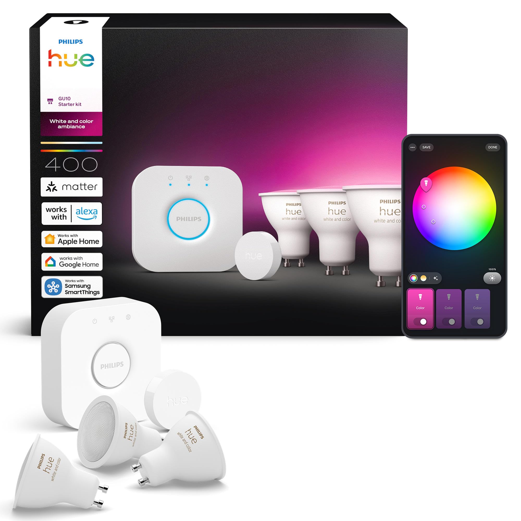 Philips Hue Starter Set: Bridge + 3 GU10 Smart Spots + Smart Button, White and Color Ambiance, Smart Light Hub, LED Lampen steuerbar mit Apple Home, Amazon Alexa, Google Assistant, Samsung SmartThings