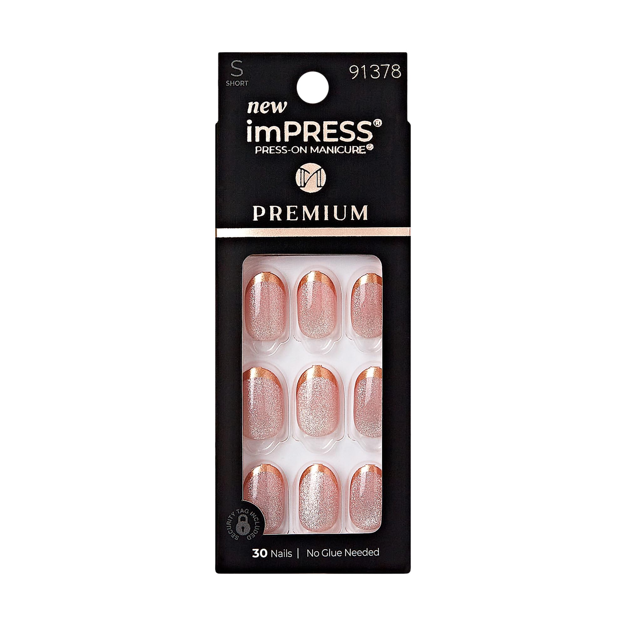 KISS imPRESS Premium No Glue Mani 30 Pcs Press On Nails, Holographic Glitter Shimmer Nails, French Design, Almond Shape, Simple Peel & Press Easy