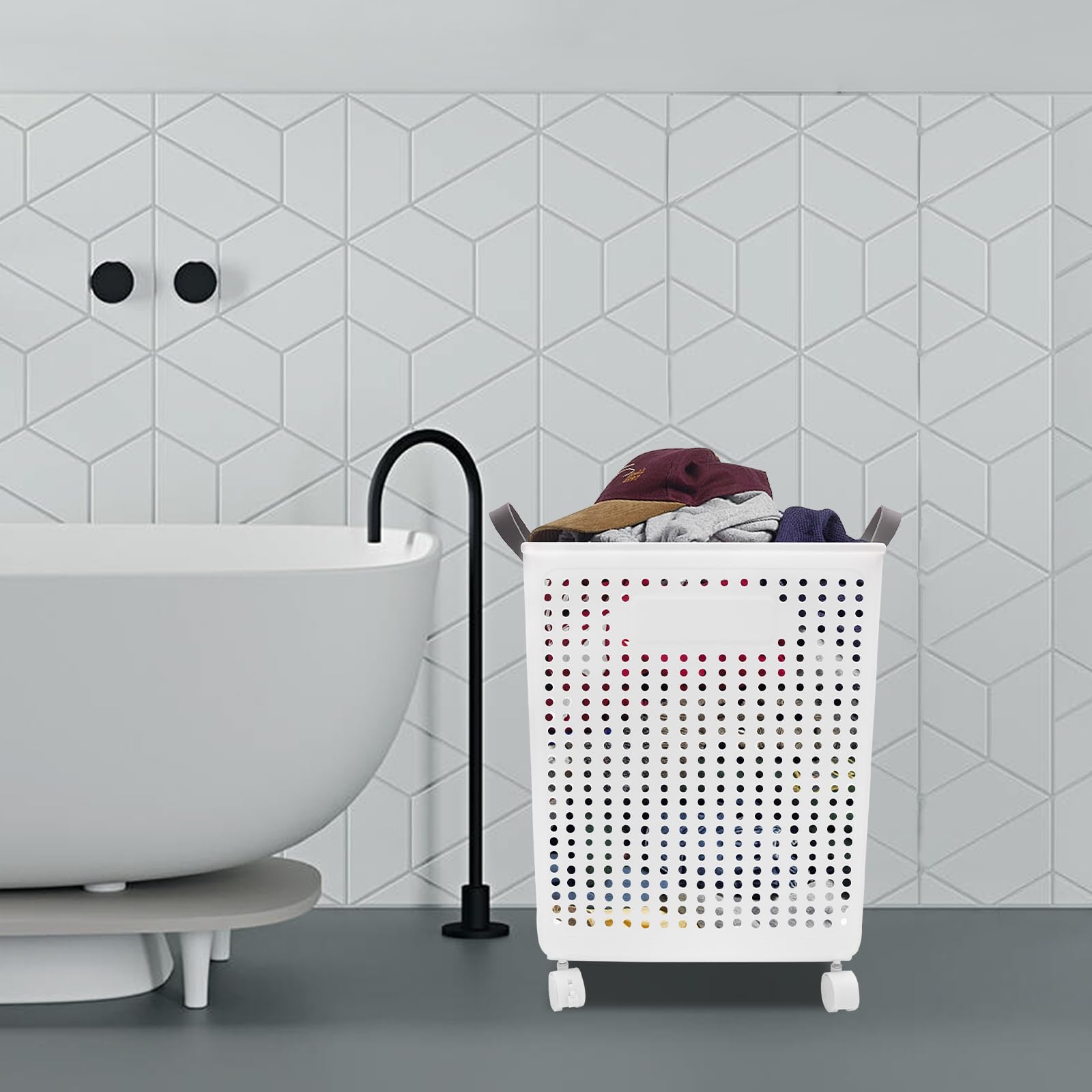 Cesto for la biancheria con ruote Cesto in plastica pieghevole con manico Organizer for bidone pieghevole traspirante(White)