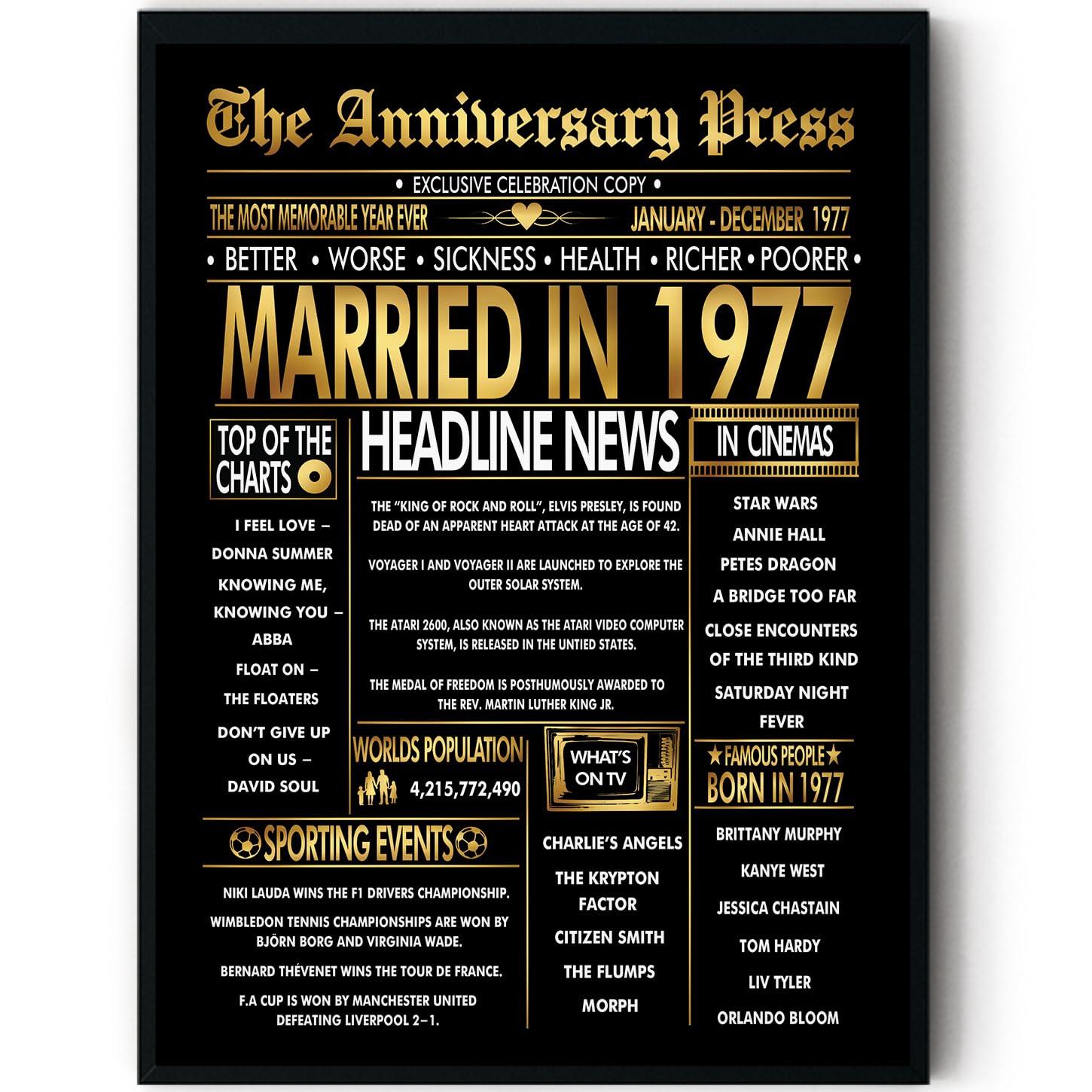 Stuff4 Men's 1977 Gold 49Th Anniversary Poster Framed - Golden Married In Newspaper - 49 Anniversary For Wo Retro Vintage Gifts Back In 8X10 Inch Bday Party Decor Decoration