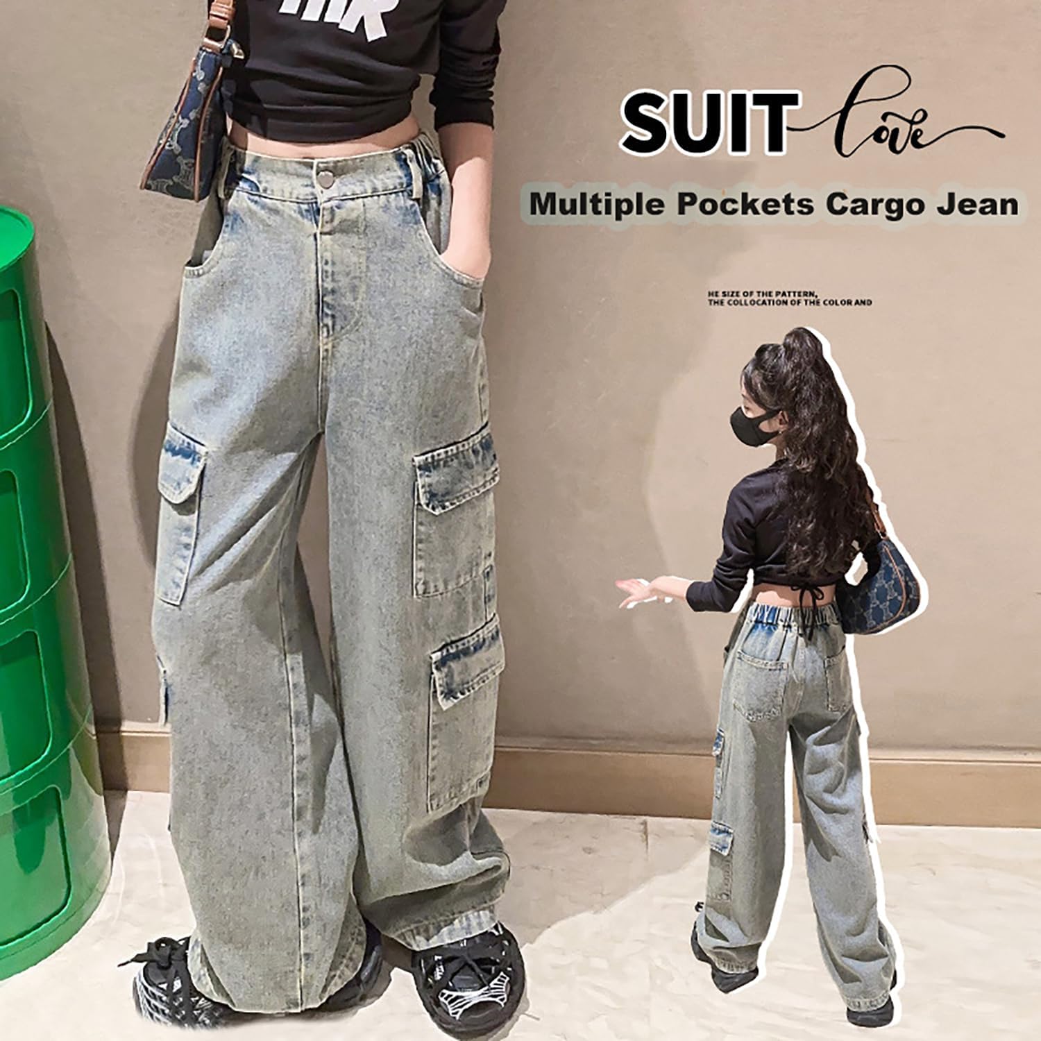 Girls Baggy Cargo Jeans Y2K Kids Wide Leg Hip Hop Loose Casual Trousers Size 6-14 Years