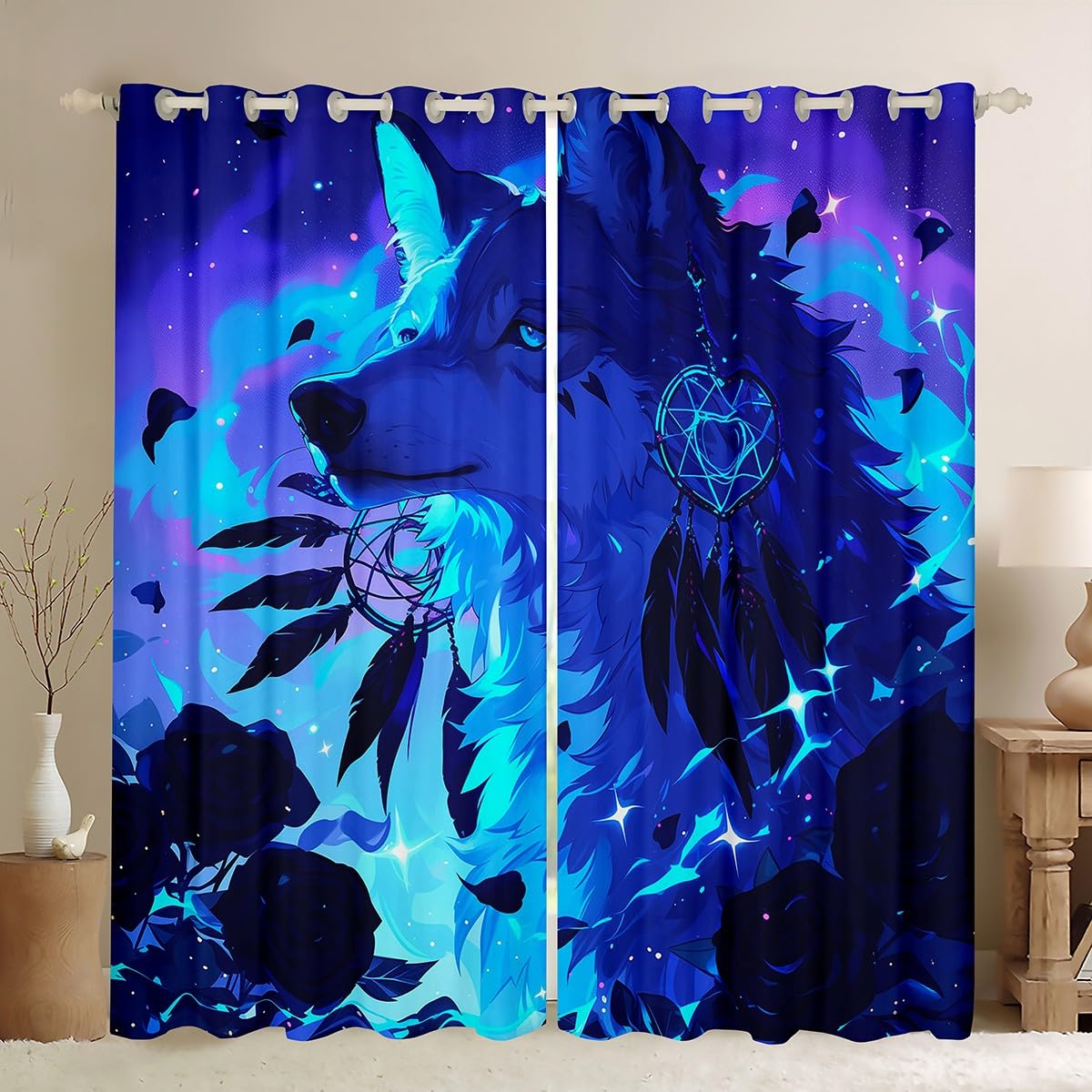 Homewish Exotic Wolf Curtains for Living Room,Dream Catchers Curtains & Drapes Rose Flowers Galaxy Blackout Curtains 2 Panels 46x54,Wild Woodland Animals Window Curtains