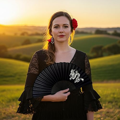 Miniatura 2 de FANSOF.FANS Abanico de mano plegable de tela de seda negra con una bolsa, costillas de bambú, chino, vintage, de mano, para niñas y mujeres, regalo