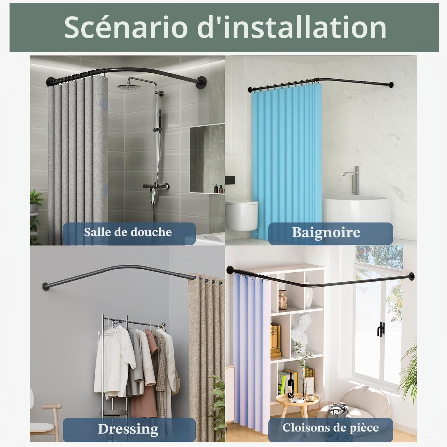 Tringle de rideau de douche extensible en forme de L, sans perçage, en acier inoxydable 304, type L70 à 95 x 125 à 165 cm