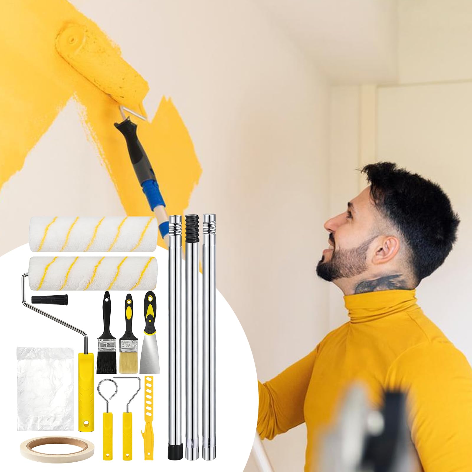 Rouleau Peinture, Rouleau Peinture Mousse Kit De Peinture 20 Pièces Avec Rouleau Long Poil 9", Manche Télescopique, Pinceaux, Bac, Bâche Et Accessoires Pour Murs