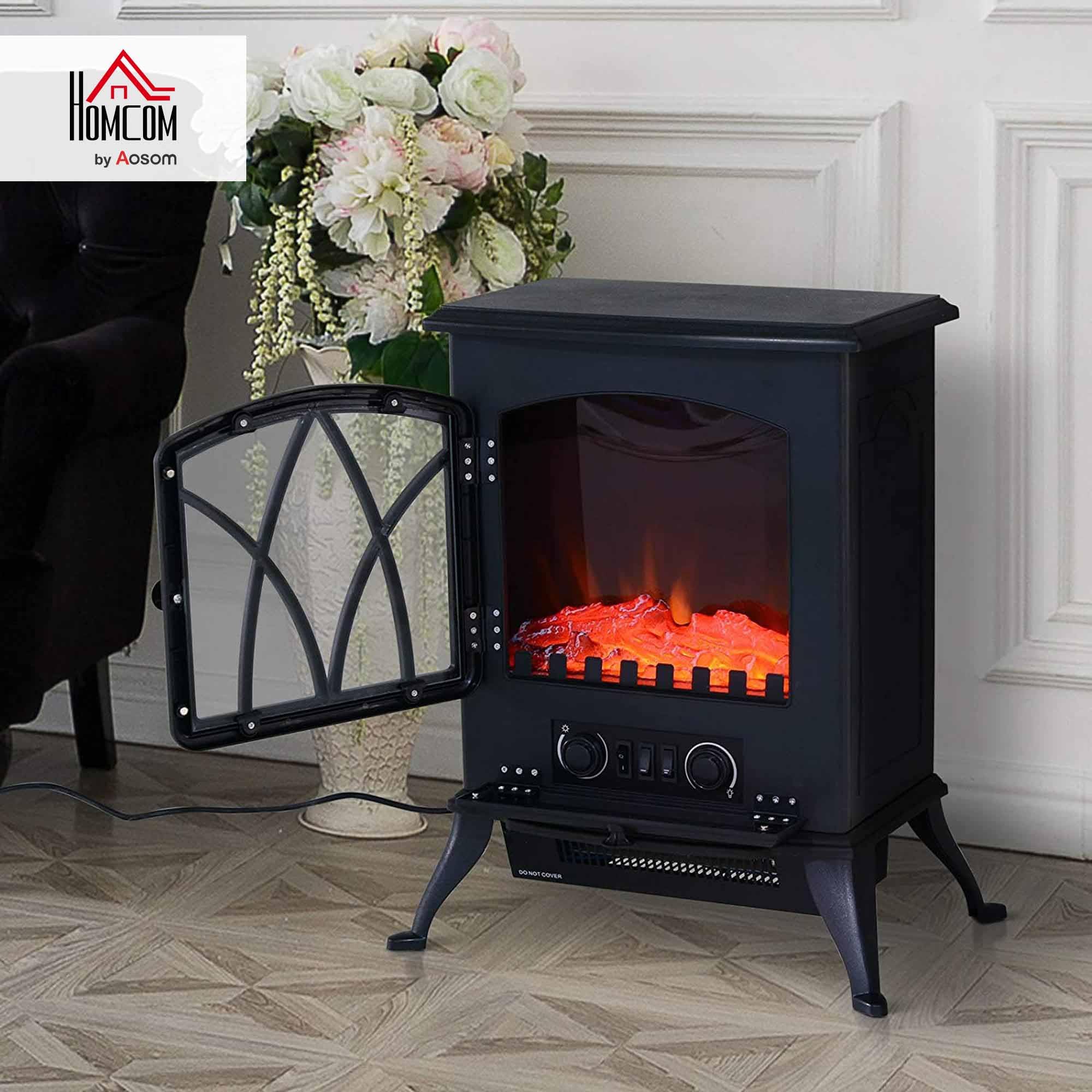 HOMCOM Chimenea Eléctrica de Pie 1000W/2000W Chimenea Decorativa con Ventana Efecto de Llama Brillo Ajustable y Protección Sobrecalentamiento para 15-30 ㎡ 45x28,5x54 cm Negro