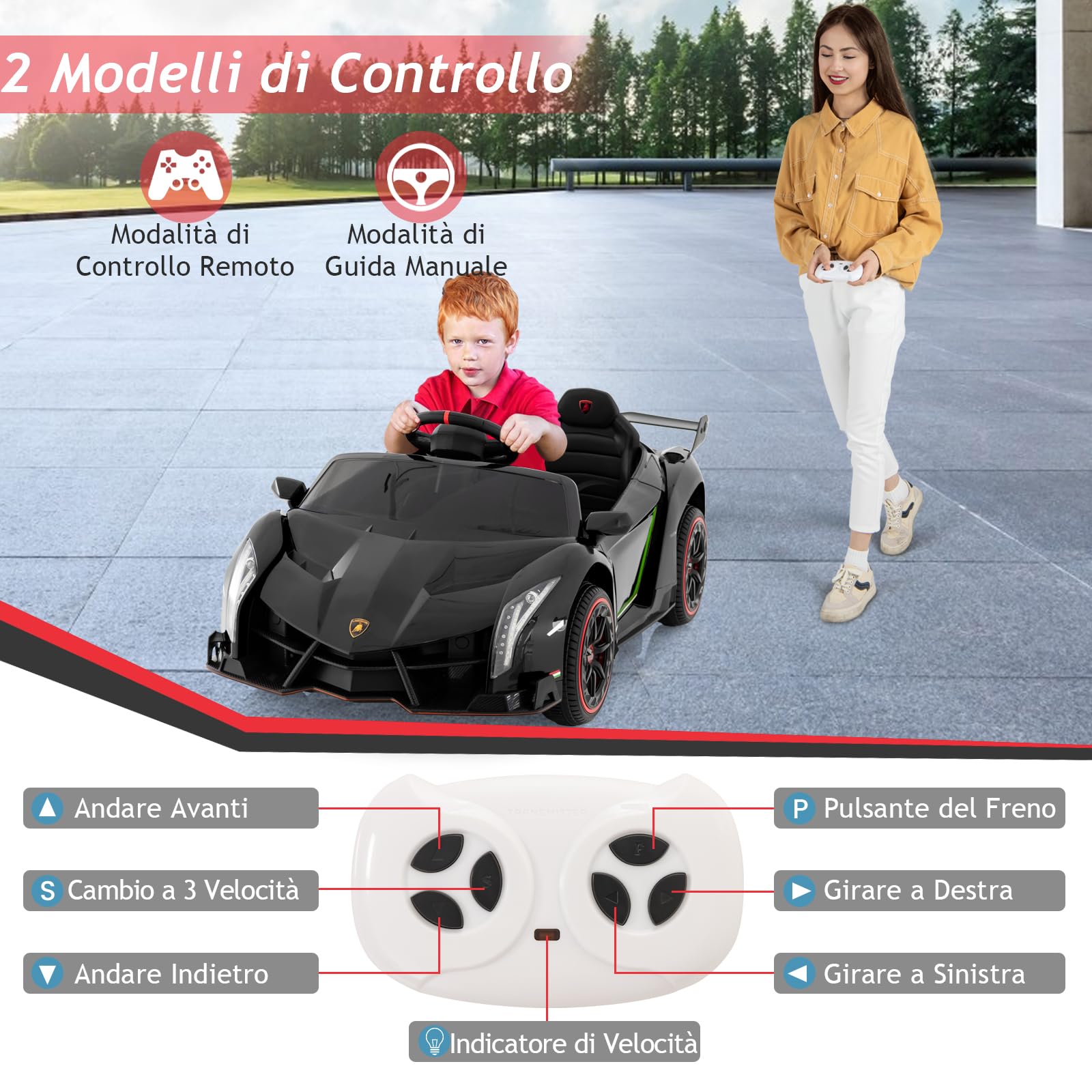 GYMAX Auto Elettrica Lamborghini, Macchina Giocattolo a Trazione Integrale con Telecomando, Luci LED, Funzione USB & MP3 & Dondolo, Veicolo per Bambini 3-8 Anni, Velocità 3-6 KM/H (Nero)