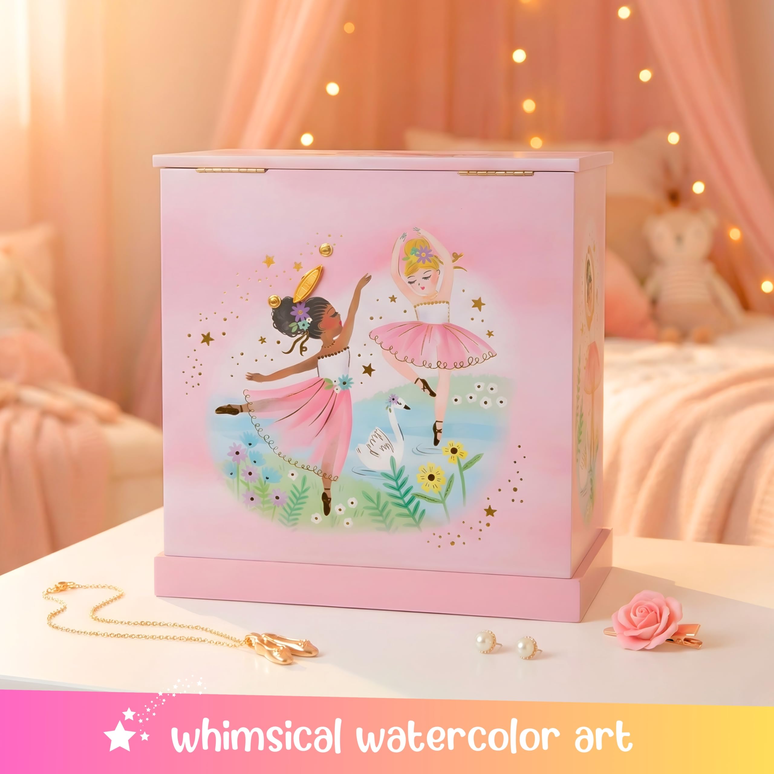 Giggle & Honey Caja de Música Grande con Bailarina y Tres Cajones para Niñas - Joyero Musical con Espejo, Regalo Cumpleaños 3-10
