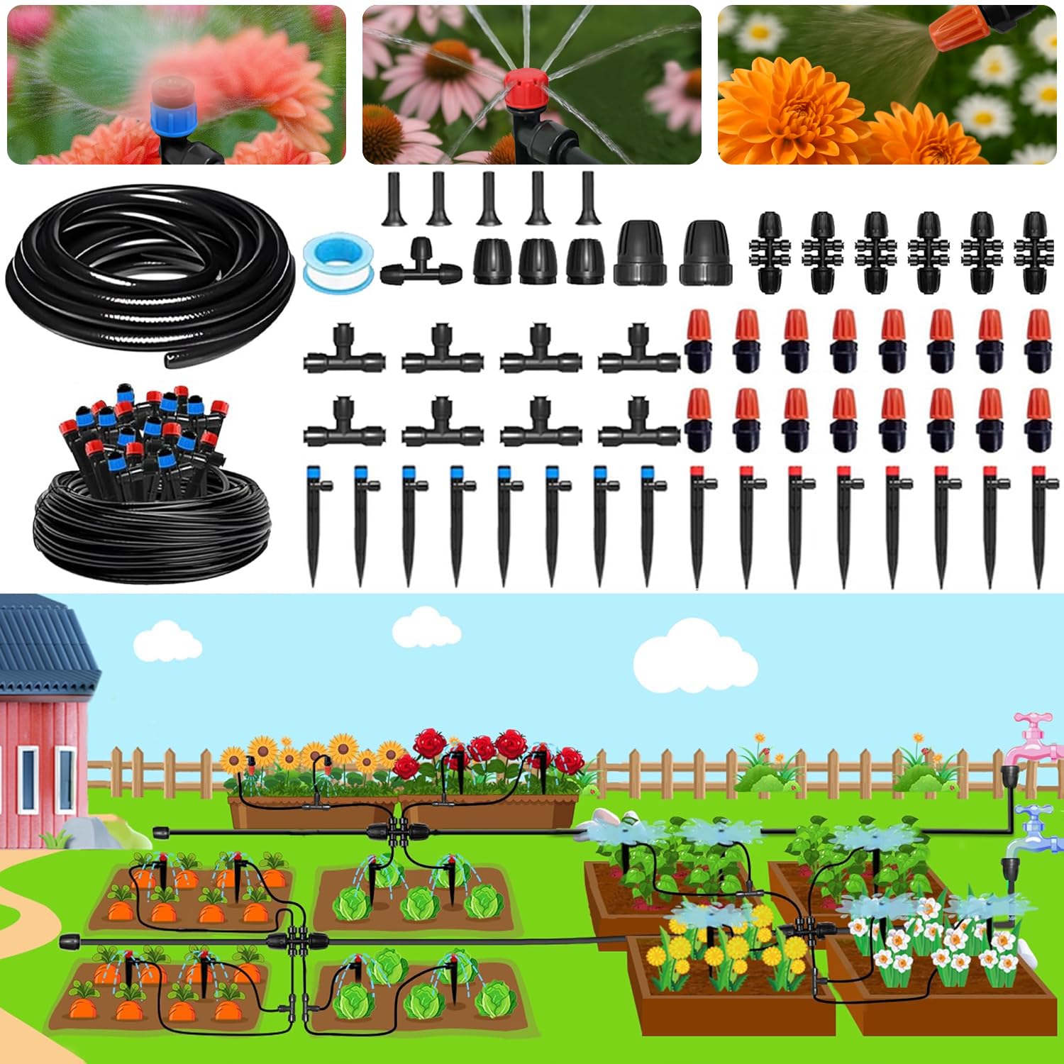 Kit de riego por goteo para jardín, sistema de riego de cama elevada de conexión rápida de 230 pies, accesorios para plantas, kit de línea de goteo para invernadero, juego de microaspersores para