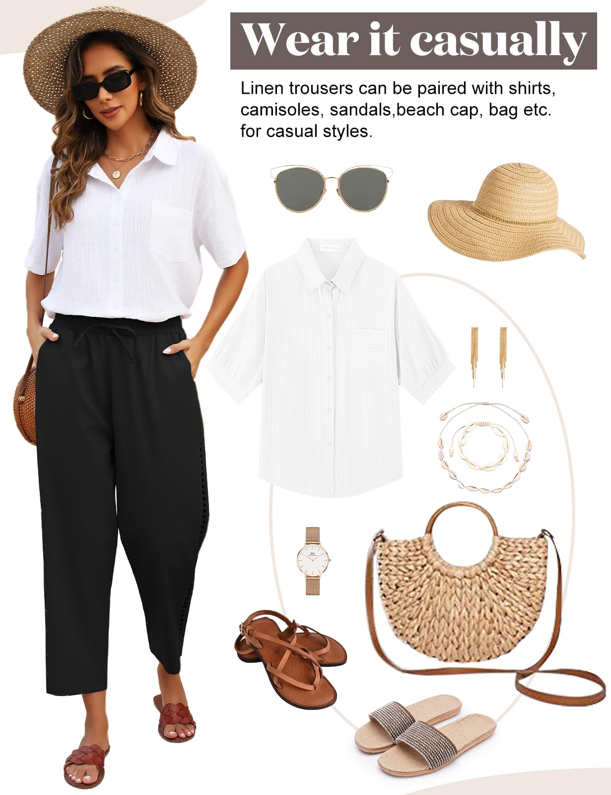 Voqeen Mujer Pantalones de Lino Verano Frescos Cintura Alta Elástico Largo Anchos con Bolsillos