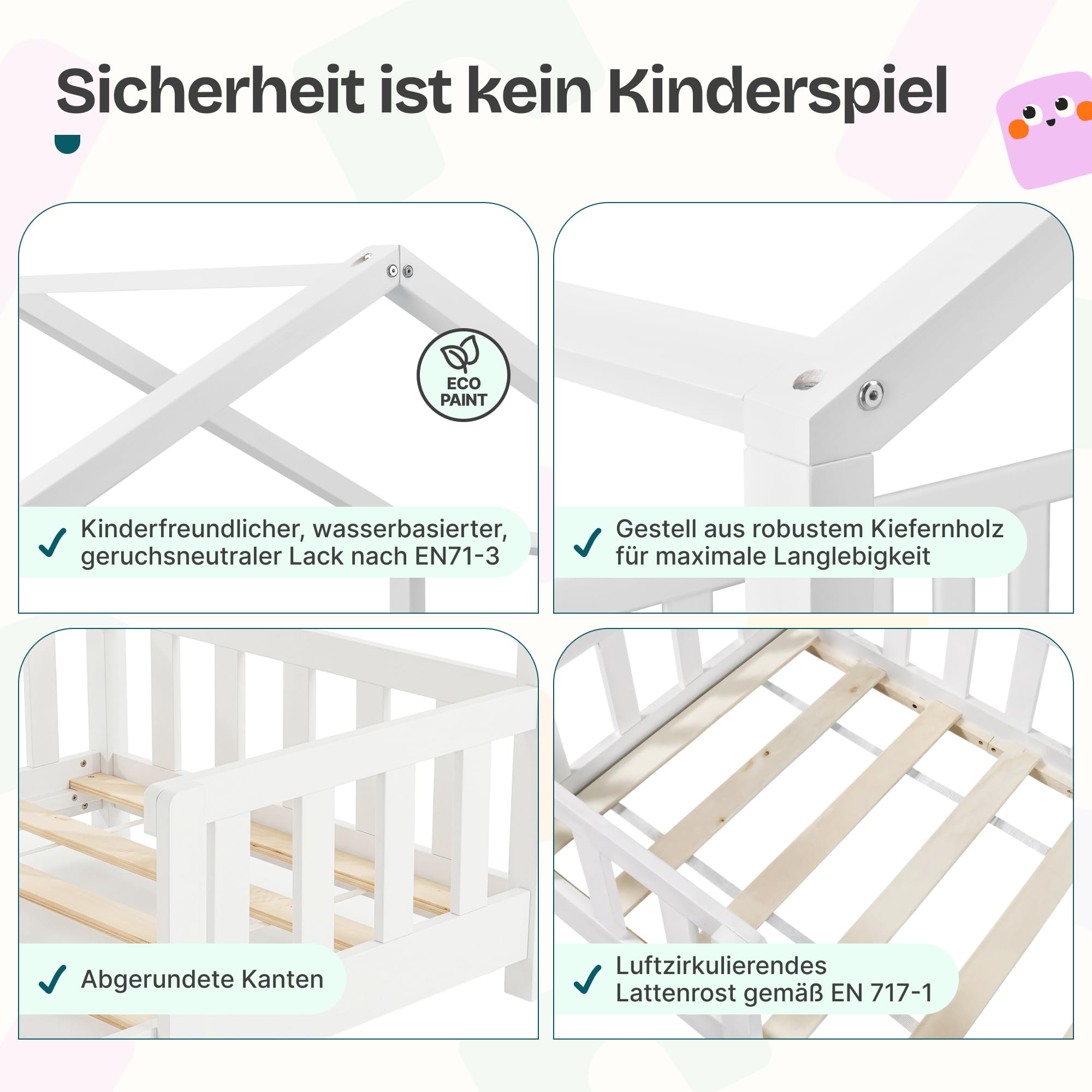 [en.casa] Kinderbett Treviolo 90x200 cm Weiß | Hausbett, Montessori, Holzbett für Kinder, Bettgestell mit Lattenrost, Kiefernholz