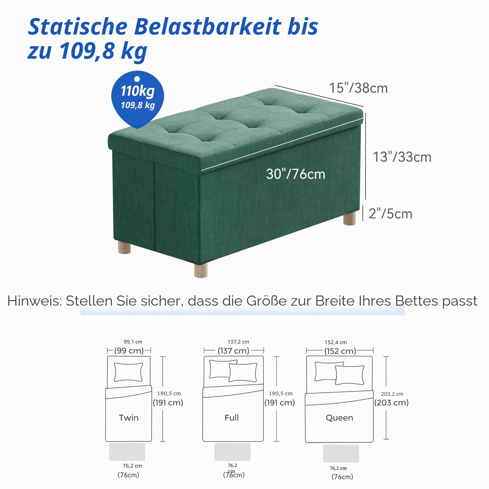 BRIAN & DANY Ottoman-Aufbewahrungsbox mit 4 Holzbeinen, Leinen-Aufbewahrungs-Ottoman für Wohnzimmer, Dunkelgrün, 76x38x38 cm