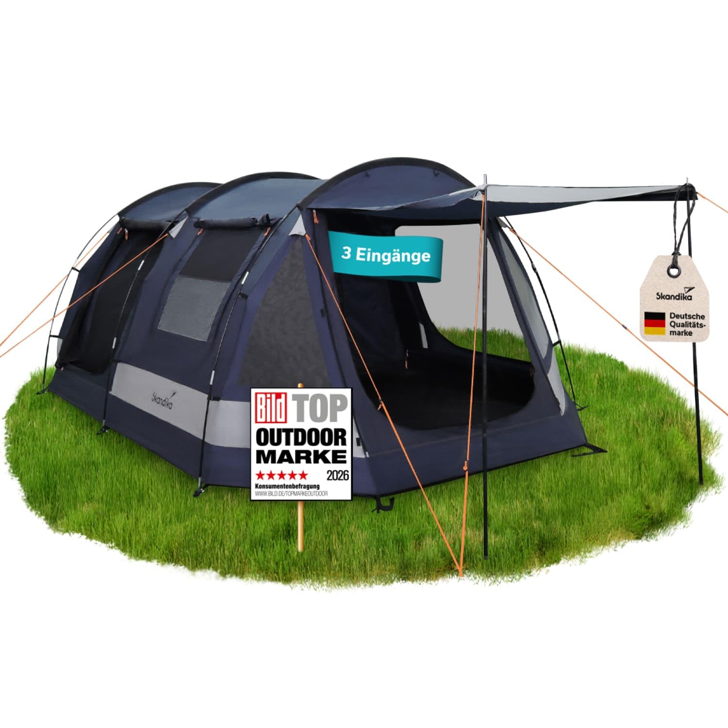 Skandika Tienda de campaña Tipo túnel Kambo Sleeper Protect | para 3/4 Personas - Suelo Cosido - Columna de Agua de 3000 mm - 3 entradas - toldo