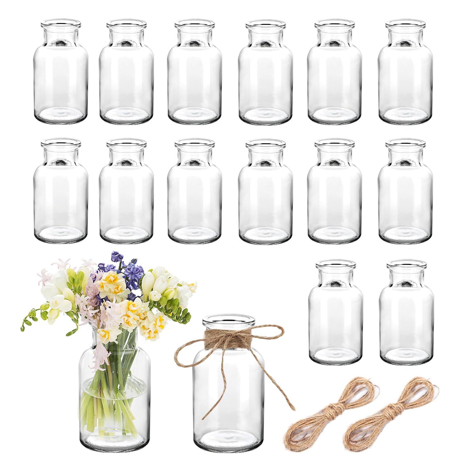 Kukkume Clear Small Bud Vase Set 16Pcs Flower Vases Mini Glass Vases With 20M Jute Twine For Floral Arrangements Wedding Centerpiece Home And Parties Table Decorations