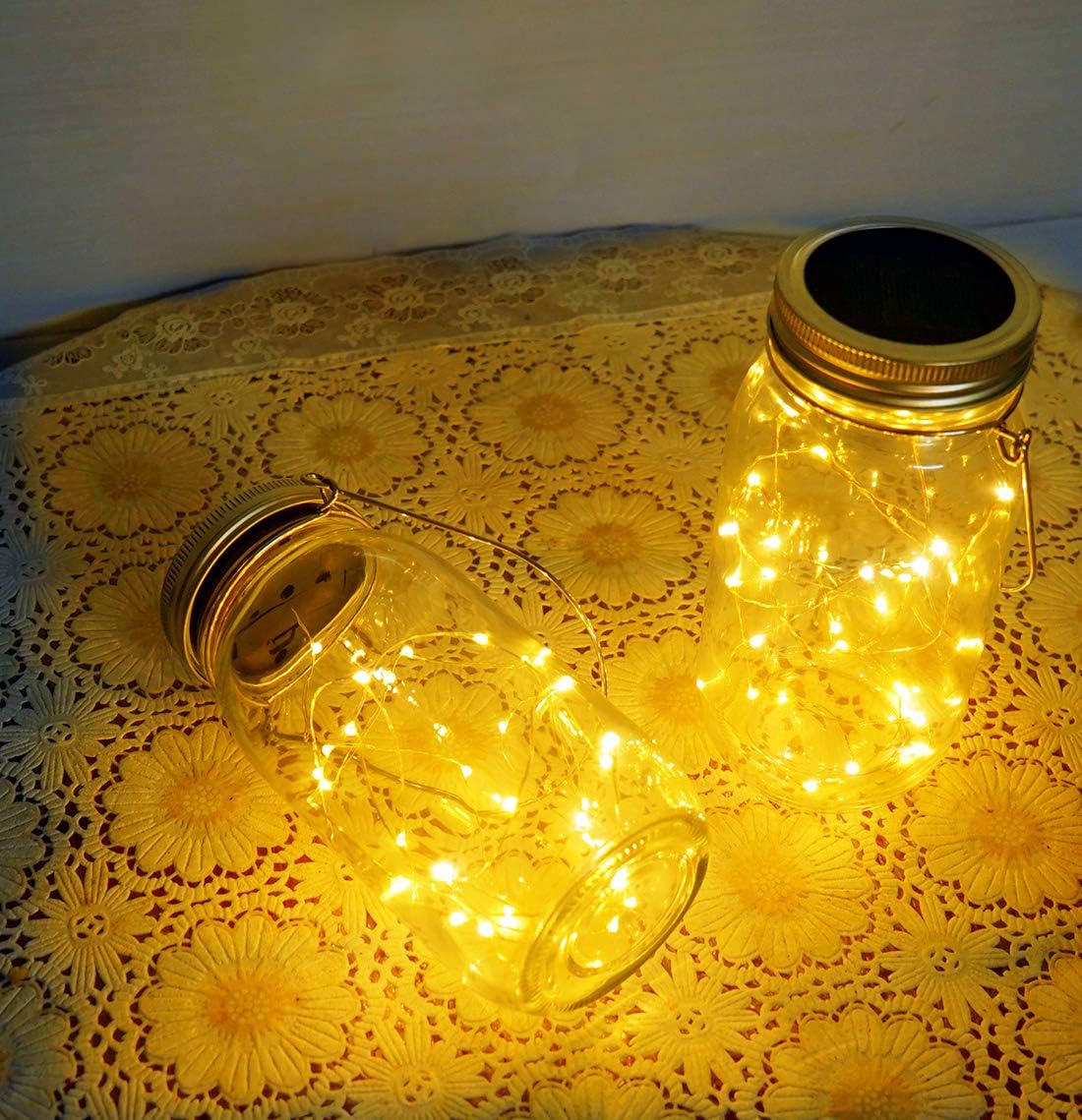 Solar Mason Jar Lights, Large Size Bigger Glass Mason Jar with 30 LEDs Fairy Firefly String Lights, Best Patio Yard Desktop Party Decor Outdoor Solar Hanging Lanterns (2-Pack)