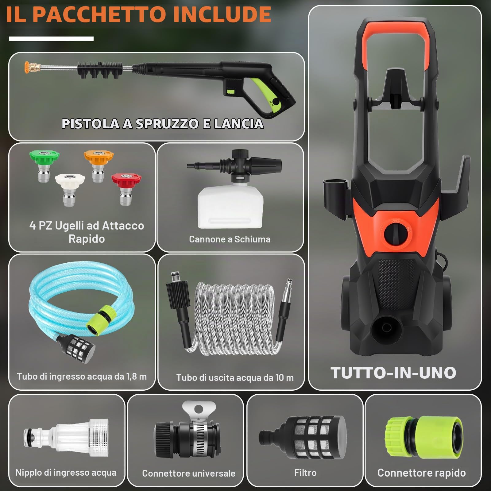 KAOLALI Idropulitrice, 3000W Pressione di Esercizio, Portata 336 l/h | con 4 Ugelli, Lancia Schiumogena, per Pavimenti da Giardino, Recinzioni, Casa, Auto