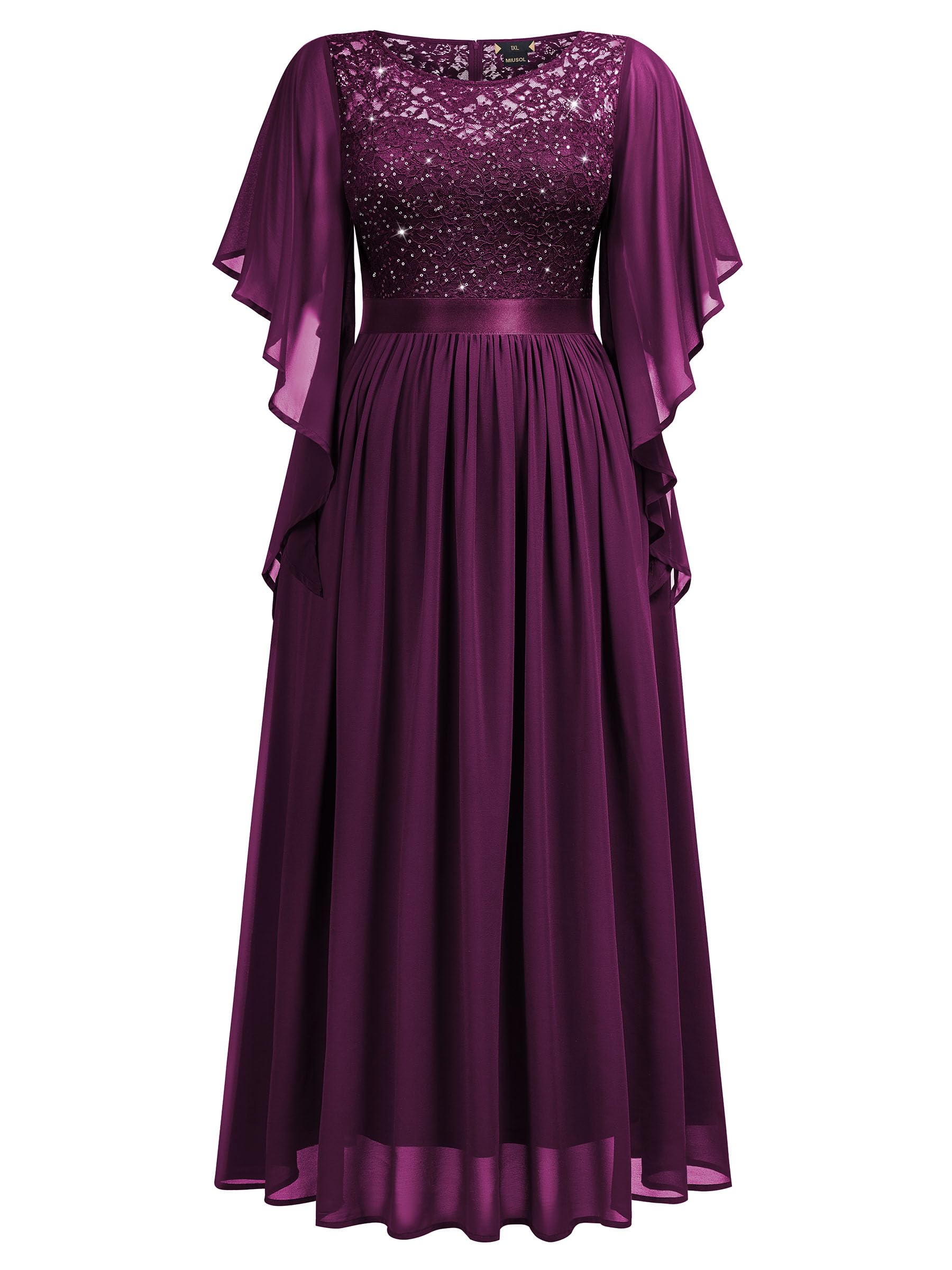 MISSMAY Abito lungo da donna, elegante, con maniche a farfalla, in chiffon, con paillettes, corpetto da sera, per feste