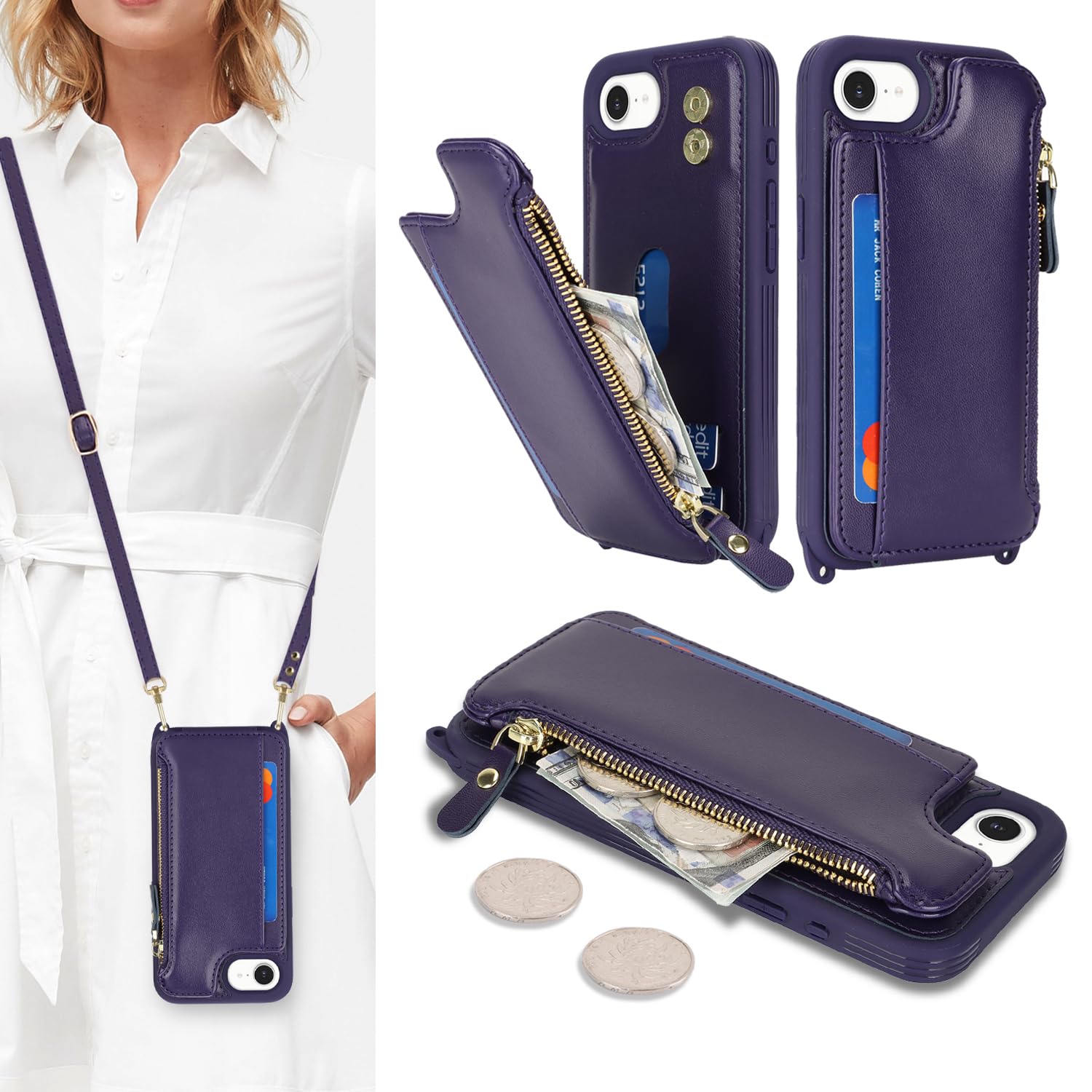 Portefeuille iPhone 16 Cavor avec poche fermeture éclair et sangle de transport - 8