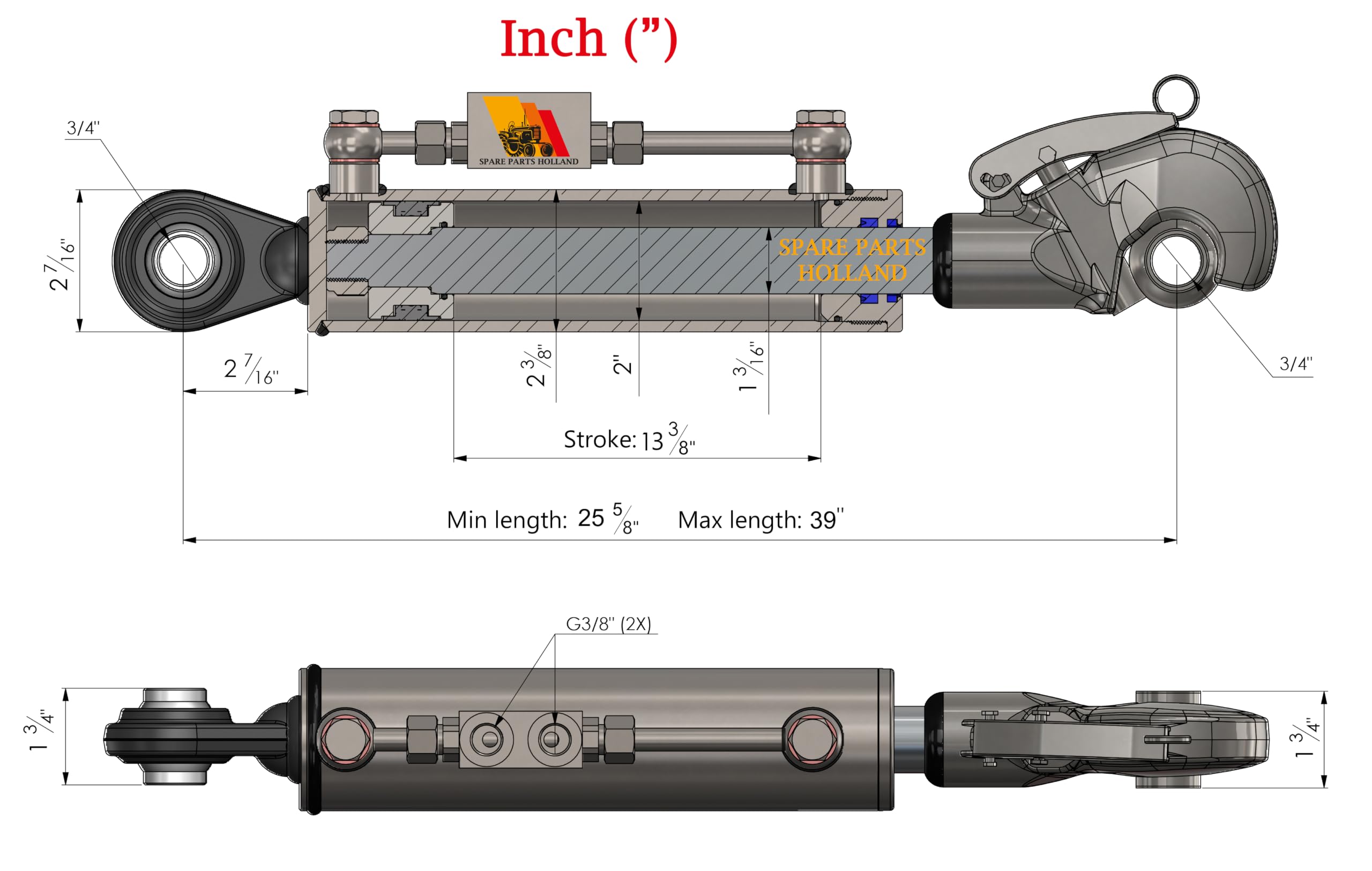 Hydraulische Oberlenker Mit Fanghaken Kat. 1 + 1 | 650–990 mm | + 2x Hyd.Schläuche