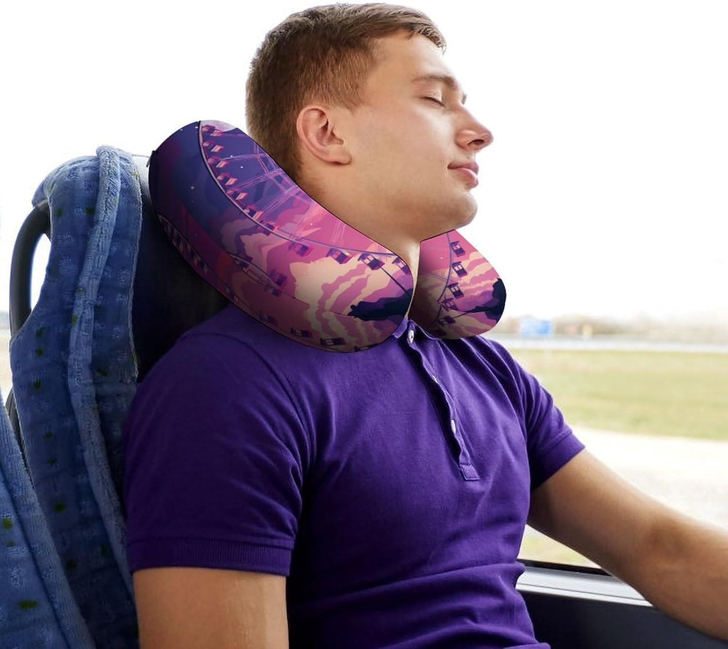Purple Sky Ferris Wheel U Shaped Neck Pillow Portable Travel Airplane Headrest Pillow Lightweight Support Pillow Cushion