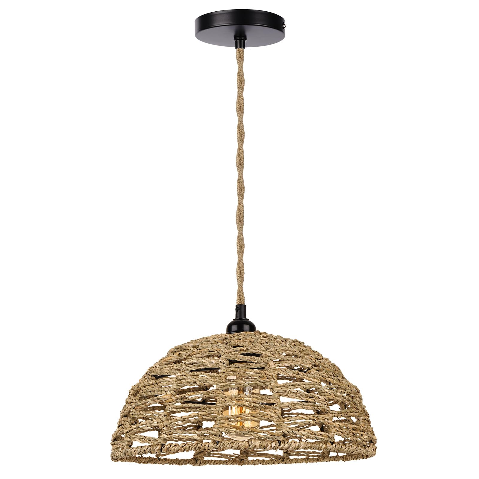 Lampada a Sospensione Industriale Vintage Paralume in rattan Lampadario rustico Illuminazione Interna E27 Lampada da soffitto per Soggiorno Camera da letto Sala da pranzo, Ø30cm