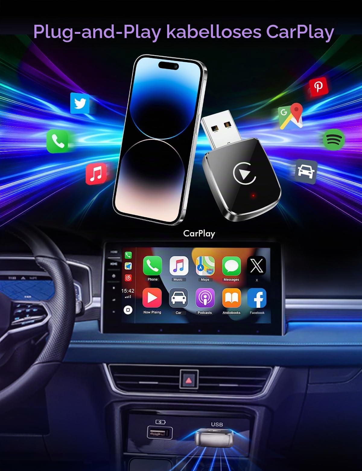 Carplay Wireless Adapter, Car Connect Pro Kabelloser, Plug and Play, Car Play Adapter Auto mit Bluetooth 5.4, Stabile Verbindung ohne Verzögerung