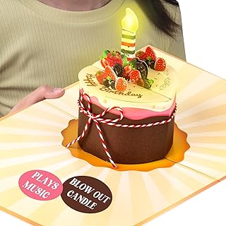 FITMITE Birthday Card, Blowable Candle 3D Pop up Birthday Cake Cards, Play Happy Birthday Music Funny Musical Birthday Gift Cards for Women Wife Men Sister Mum Daughter With Envelopes