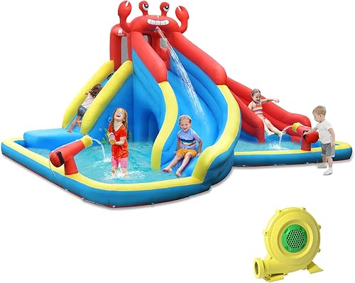 BOUNTECH Tobogán acuático inflable, parque de tobogán acuático 7 en 1 para niños, diversión al aire libre con doble tobogán largo, soplador de 950