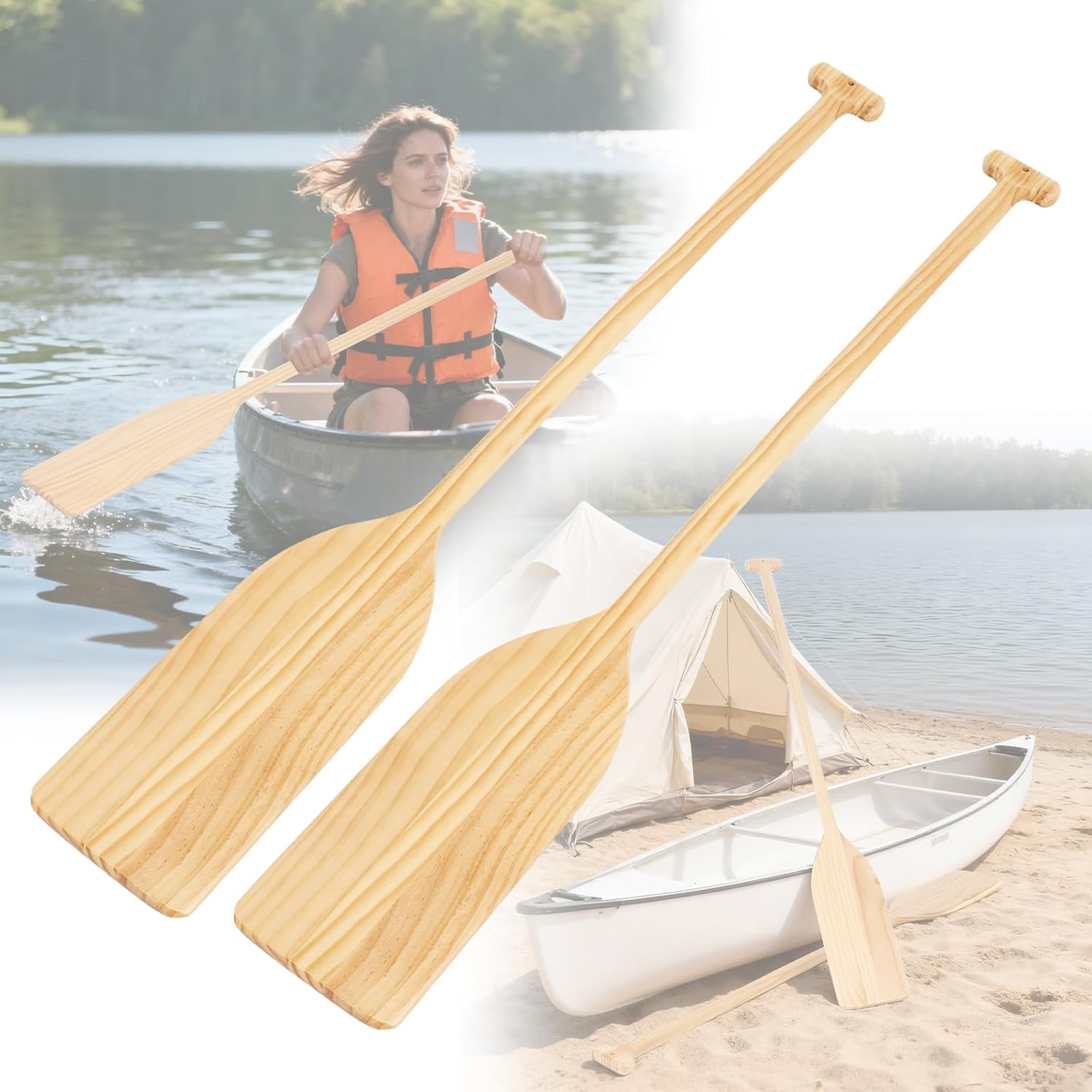 4 FT Wooden Canoe Paddles 2 Pack,48" Solid Pine Wood Oars for Kayak/Rowing Boats/Fishing/DIY Home Decoration Gifts