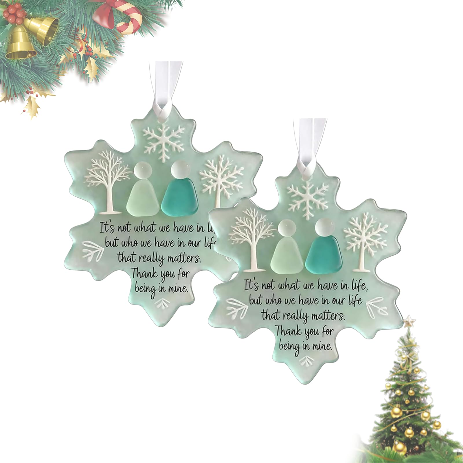 Snowflake-Shaped Sea Glass Friendship Decor, Snowflake Friendship Christmas Tree Ornament, Sea Glass Inspired Hanging Decoration with Gift Box, Meaningful Friendship Gift for Christmas (2PCS)