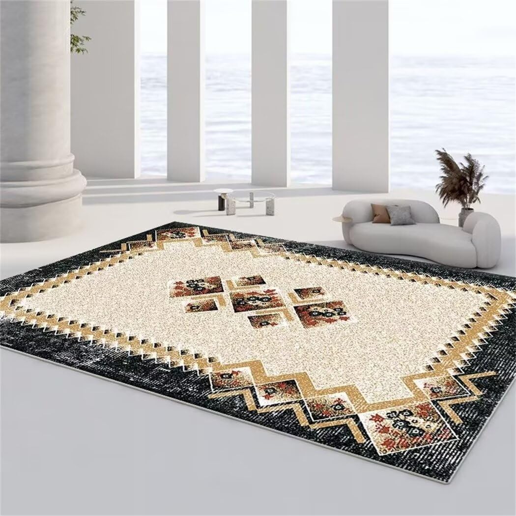 Tapis de salon géométrique noir 120x170 lavable à poils courts