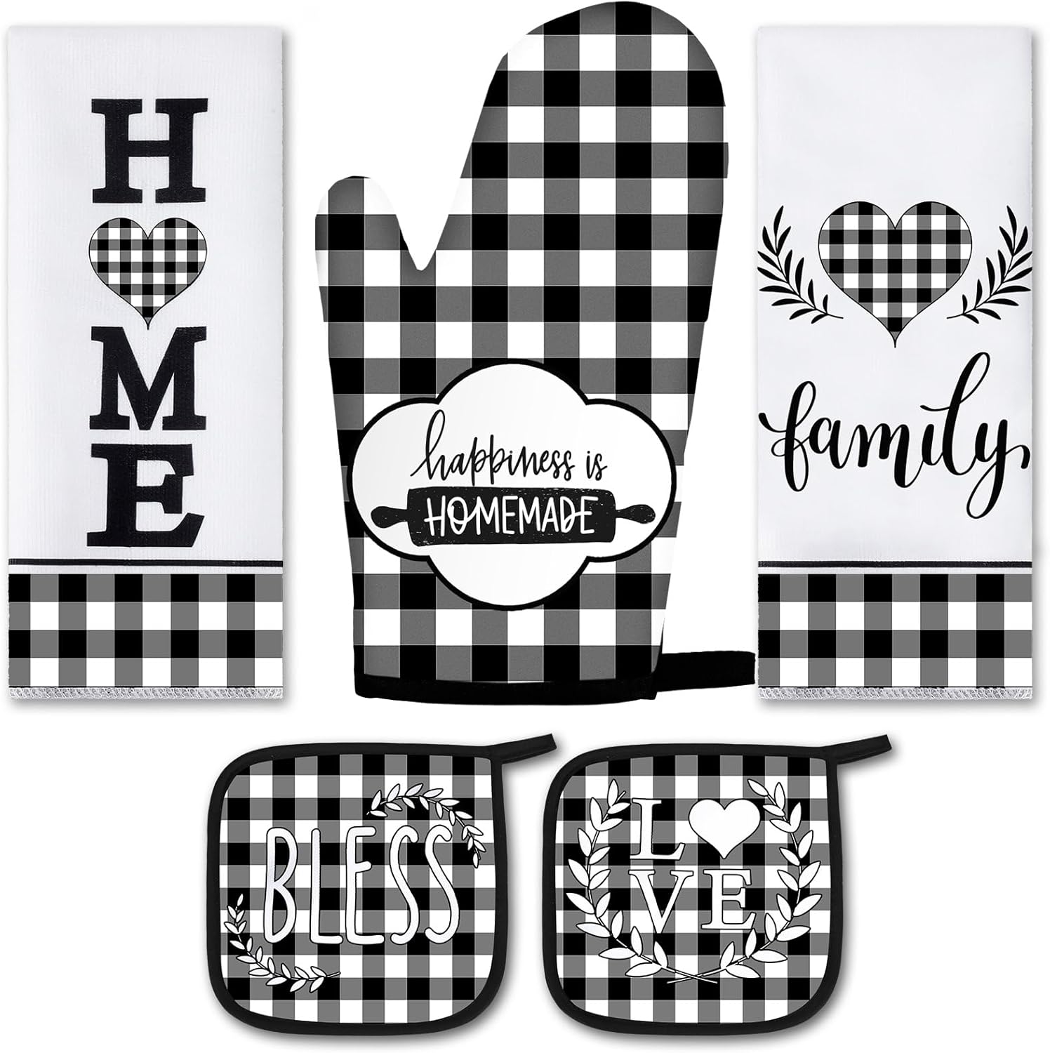 5 Pieces Buffalo Plaid Kitchen Towels Oven Mitts and Pot Holder Set Black and White Kitchen Towels Oven Gloves, Hot Pads Pot Holders for Farm House Accessories Decor(Heart)