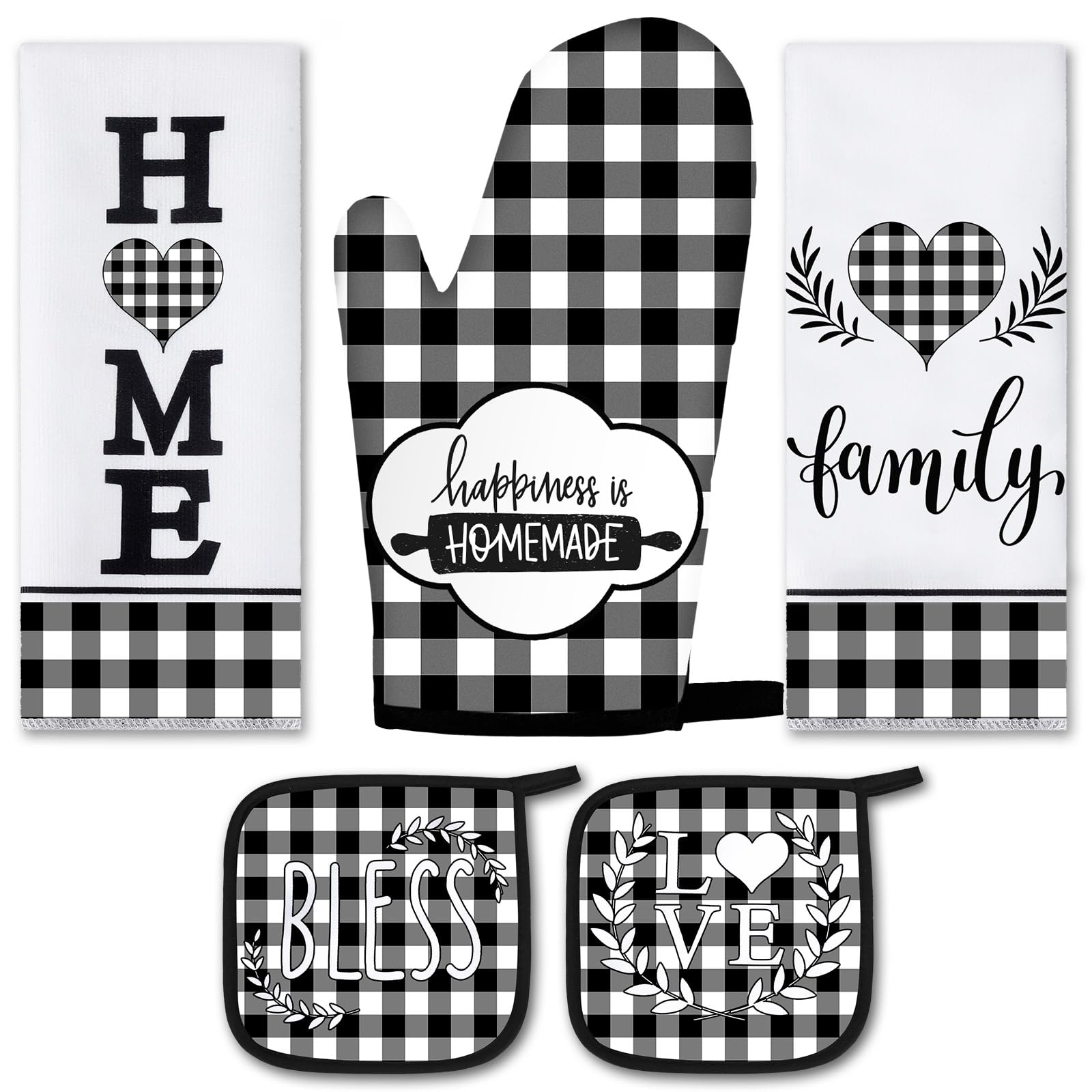 5 Pieces Buffalo Plaid Kitchen Towels Oven Mitts and Pot Holder Set Black and White Kitchen Towels Oven Gloves, Hot Pads Pot Holders for Farm House Accessories Decor(Heart)