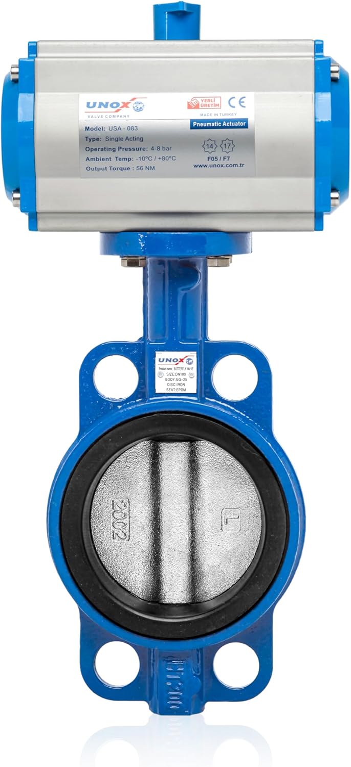 UNOX 2" Double Acting Pneumatic Actuated Butterfly Valve Wafer Type, SS304 Stainless Steel Disc, EPDM Seat, 230 PSI