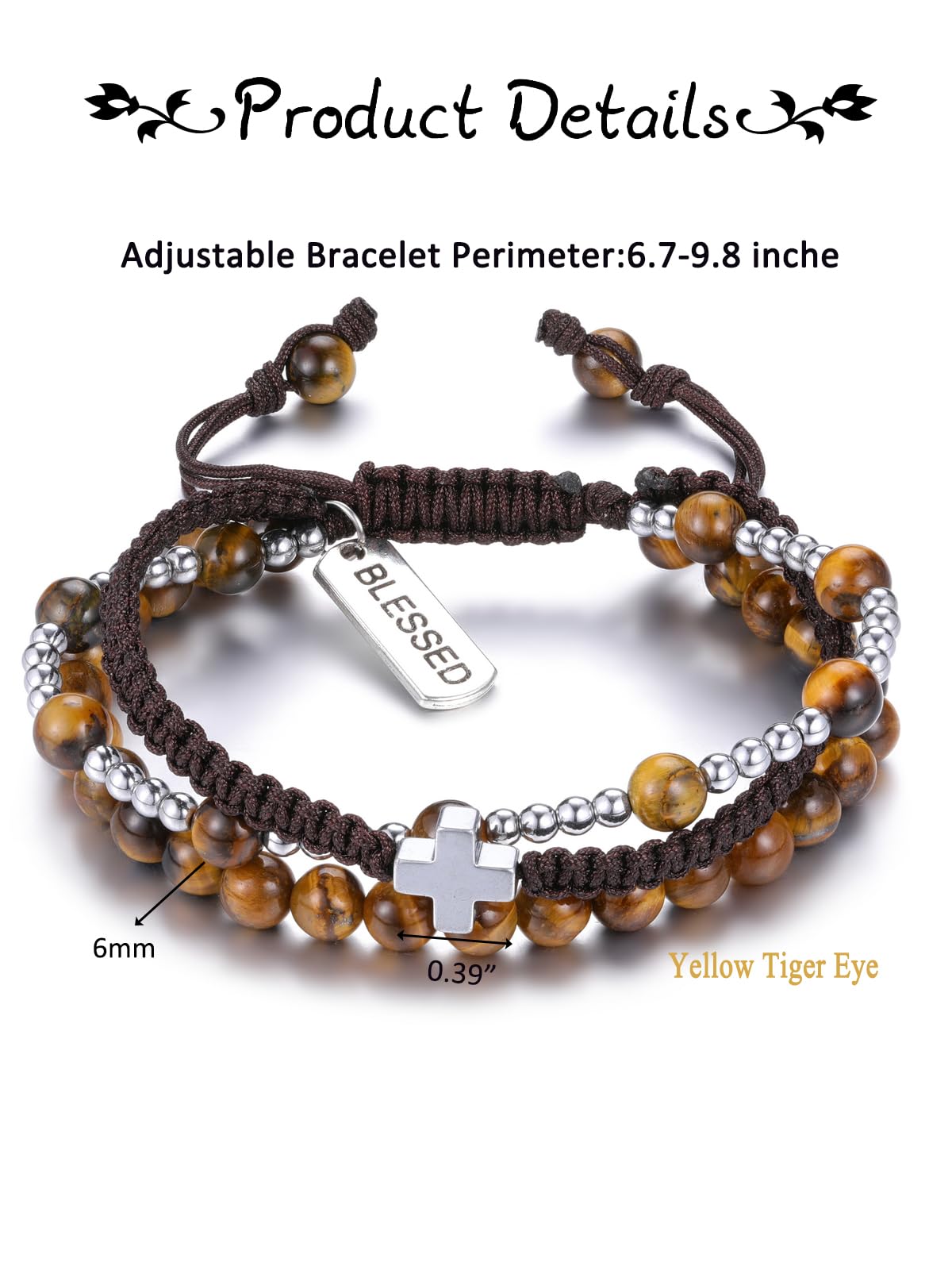 WZGWDC Herren-Armband mit Amethyst, Tigerauge, Obsidian, Kristall, Edelstein, Heilperlen, Armband für Männer, Herren-Kreuz-Armband, Schmuck, Geschenke für Männer und Frauen