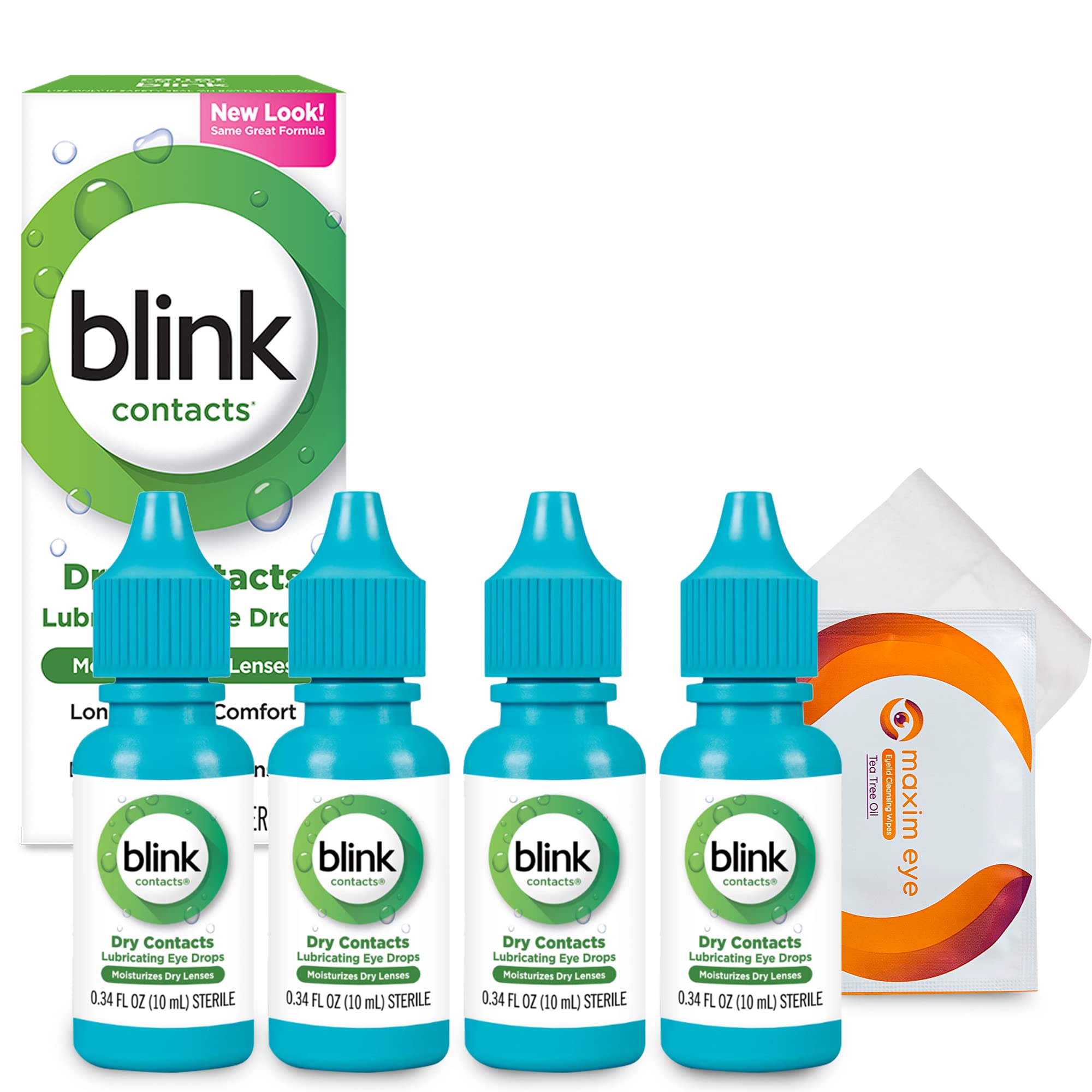 Blink Contacts Lubricant Eye Drops 4 Pack Mild-Moderate, Blink Eye Drops for Dry Eyes 10 ml (Total 40 ml), Bundled with 1 Tea Tree Oil Eyelid/Eyelash Wipe