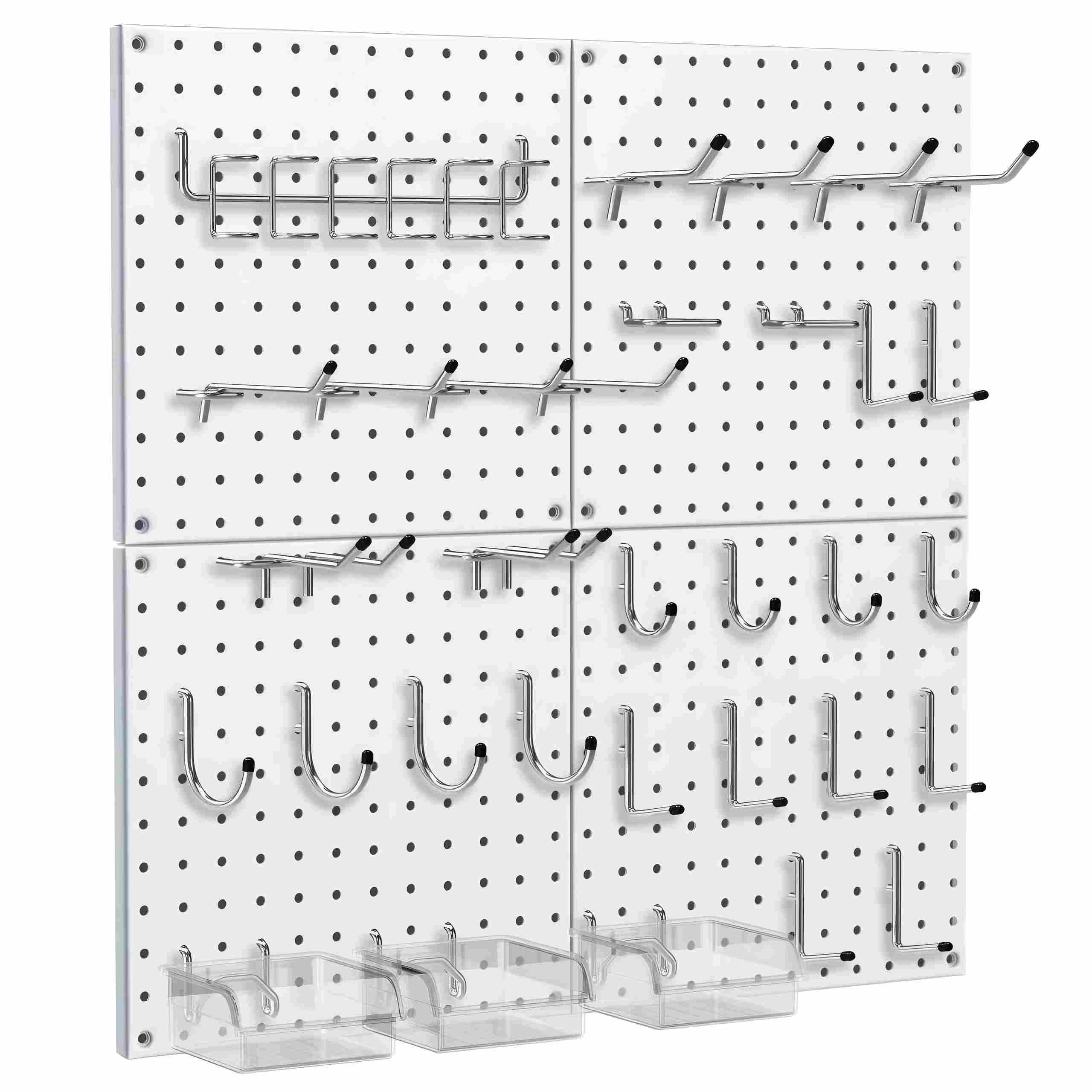 Hivio 4PCS Peg Board, 68PCS Heavy Duty Metal Pegboard with Hooks, 4 Pack White Peg Board Panels, 50lbs Load Capacity Each, Pegboard Wall Organizer for Garage, Workshop, Craft Rooms Total 24” x 24”