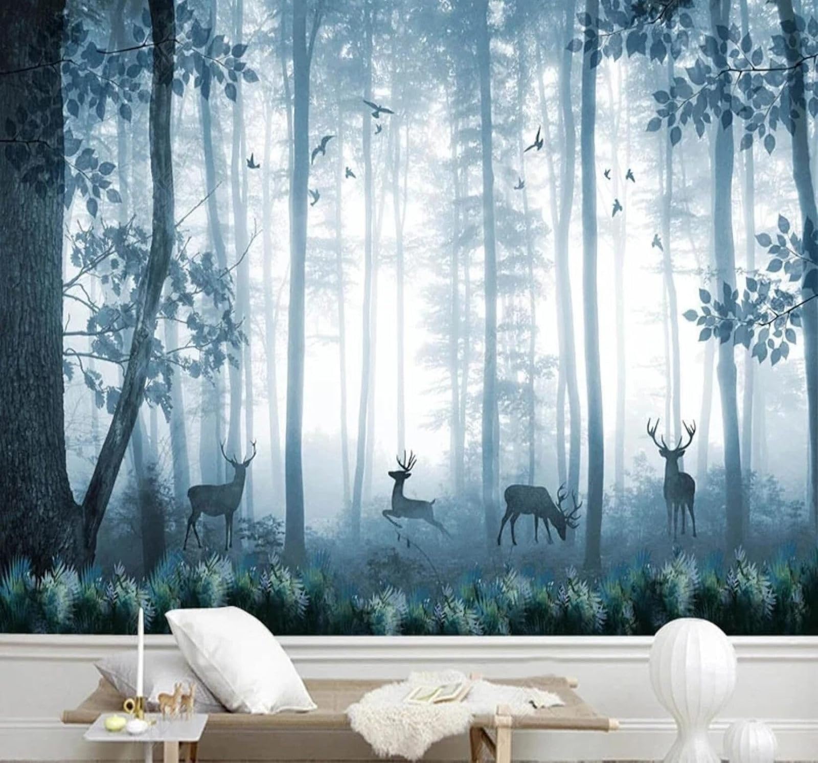XLMING Hand Drawn Blue Moose Forest Landscape 3D Wallpaper Luxury Silk Study Dining Feature Sofa Grey Bedroom Living Room Tv Decorative Wall-250cm×170cm