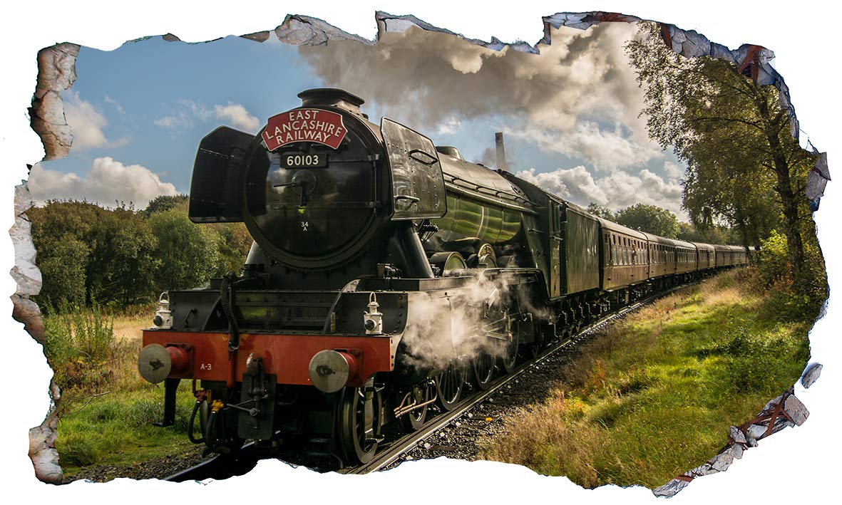 Chicbanners Black The Flying Scotsman Steam Train 3D V005 Magic Window Wall Sticker Self Adhesive Poster Wall Art Size 1000Mm Wide X 600Mm Deep (Large)