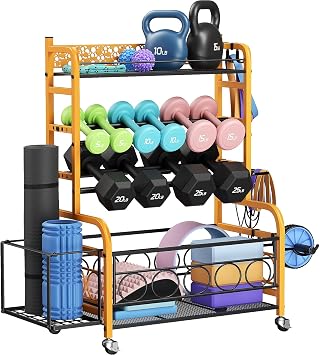 Dumbbell Rack, VOPEAK Adjustable Weight Rack for Home Gym, Home Gym Storage Rack for Yoga Mat Kettlebells and Strength Training Equipment, Weight Storage Rack for Dumbbells with Wheels
