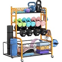 Dumbbell Rack, VOPEAK Adjustable Weight Rack for Home Gym, Home Gym Storage Rack for Yoga Mat Kettlebells and Strength Training Equipment, Weight Storage Rack for Dumbbells with Wheels