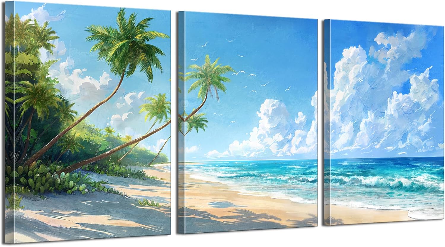 LUNGHANARTS Wall Art Ocean Waves Beach Coconut Tree Painting Coastal Scenery Modern Decor oil painting Canvas Prints for Living Room Bedroom Home and Office Wall Decor Set of 3 (Blue, 12INx16INx3)
