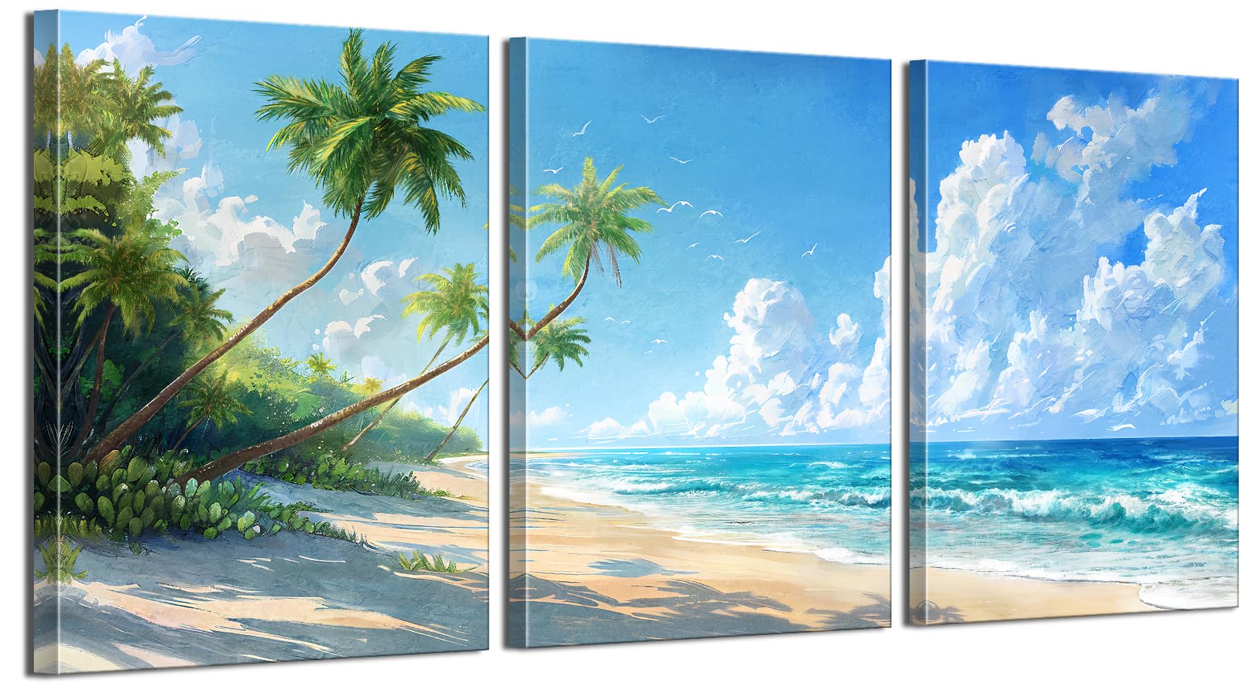 LUNGHANARTS Wall Art Ocean Waves Beach Coconut Tree Painting Coastal Scenery Modern Decor oil painting Canvas Prints for Living Room Bedroom Home and