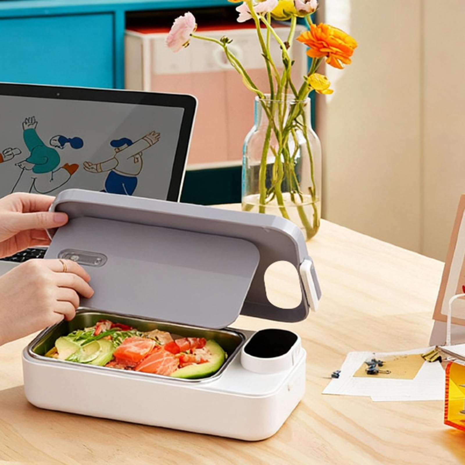 Contenitore per il pranzo in acciaio inox, facile da pulire, con superficie liscia, previene i residui, include funzione di riscaldamento per pasti caldi, portapranzo per studenti