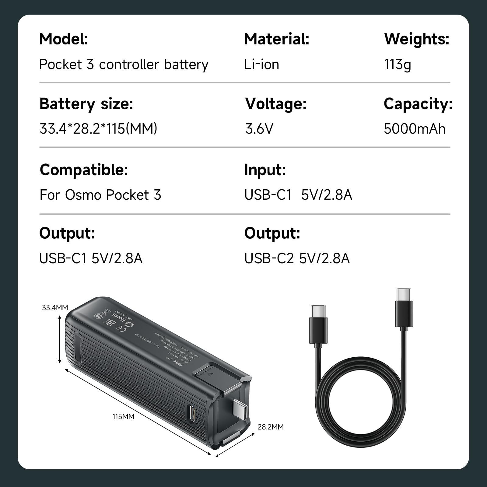 CITYORK 5000mAh impugnatura batteria per DJI Osmo Pocket 3/Pocket 4/Combo/Xtra Muse, batteria per DJI Osmo Pocket 3/Pocket 4 con attacco filettato da 1/4 di pollice e LED, ricarica USB-C1/C2