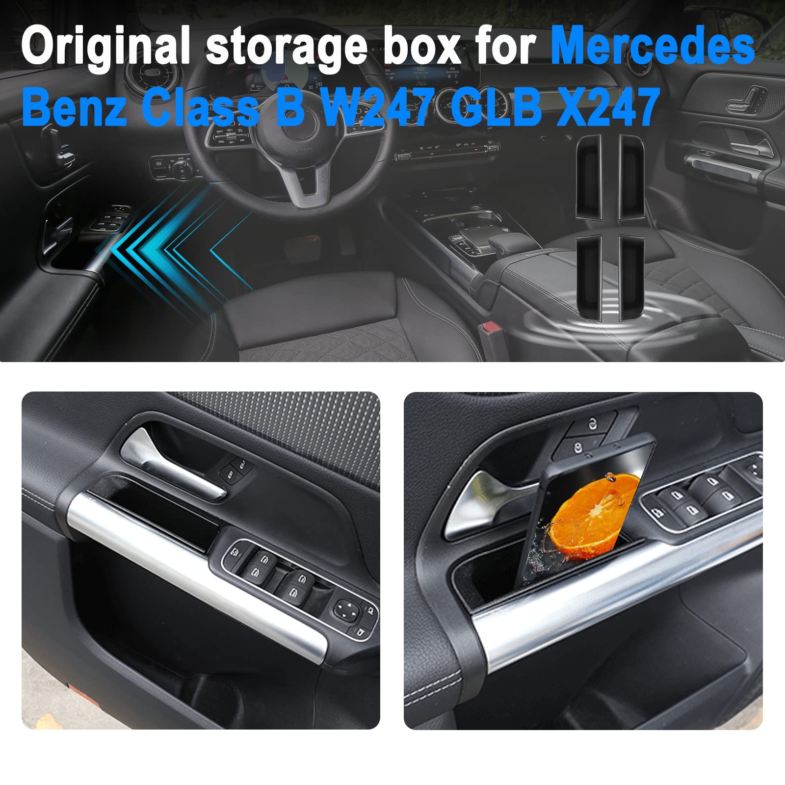SHAOHAO Organizer Maniglia Porta per Mercedes GLB X247 / Classe B W247 2020-2025 2026 Vaschetta Portaoggetti Anteriore e Posteriore, Contenitore per Bracciolo Porta Accessori Interni (Set da 4)