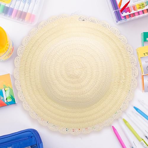 Miniatura 5 de Gadpiparty 16 piezas DIY sombrero de paja juguetes niña sombreros de paja lisos para niños Suite hecho a sí mismo hierba natural niña niño blanco