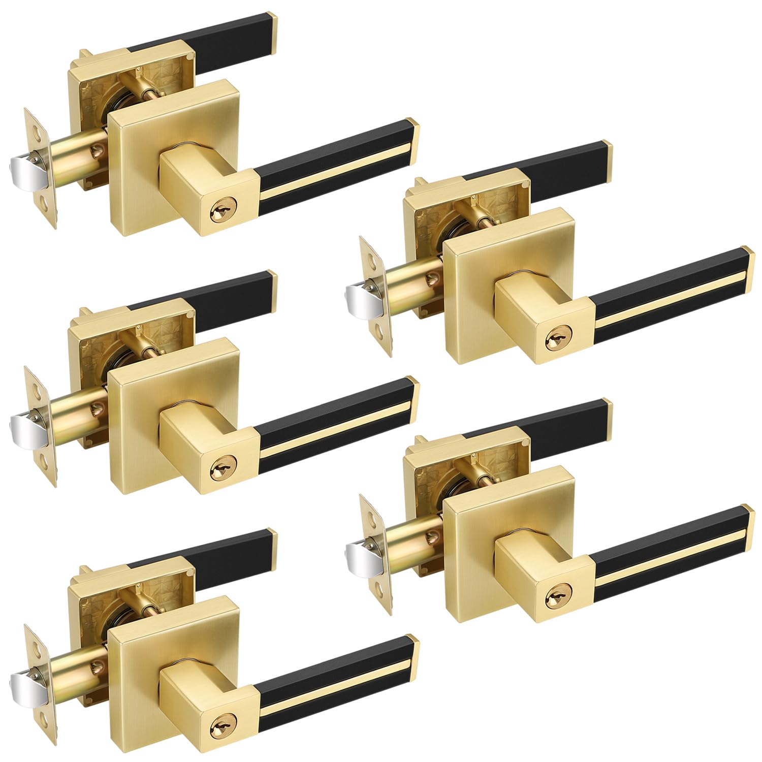 EHOMEWARE 5 Pack Gold Door Handles, Keyed Alike Door Levers for Bedroom with Keys, Brass Door Knobs with Black Leather, Heavy Duty Lever with Modern Design