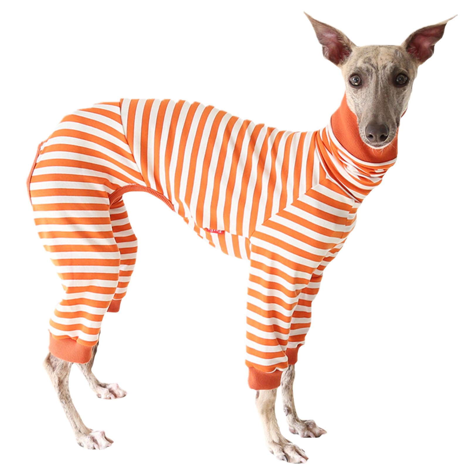 Greyhound Stripe Pajamas,Whippet Cottom Turtleneck Onesies Pullover,Slim Dog 4-Leg Loungewear Base-Layers for Greyhound Lurcher_S(Orange)